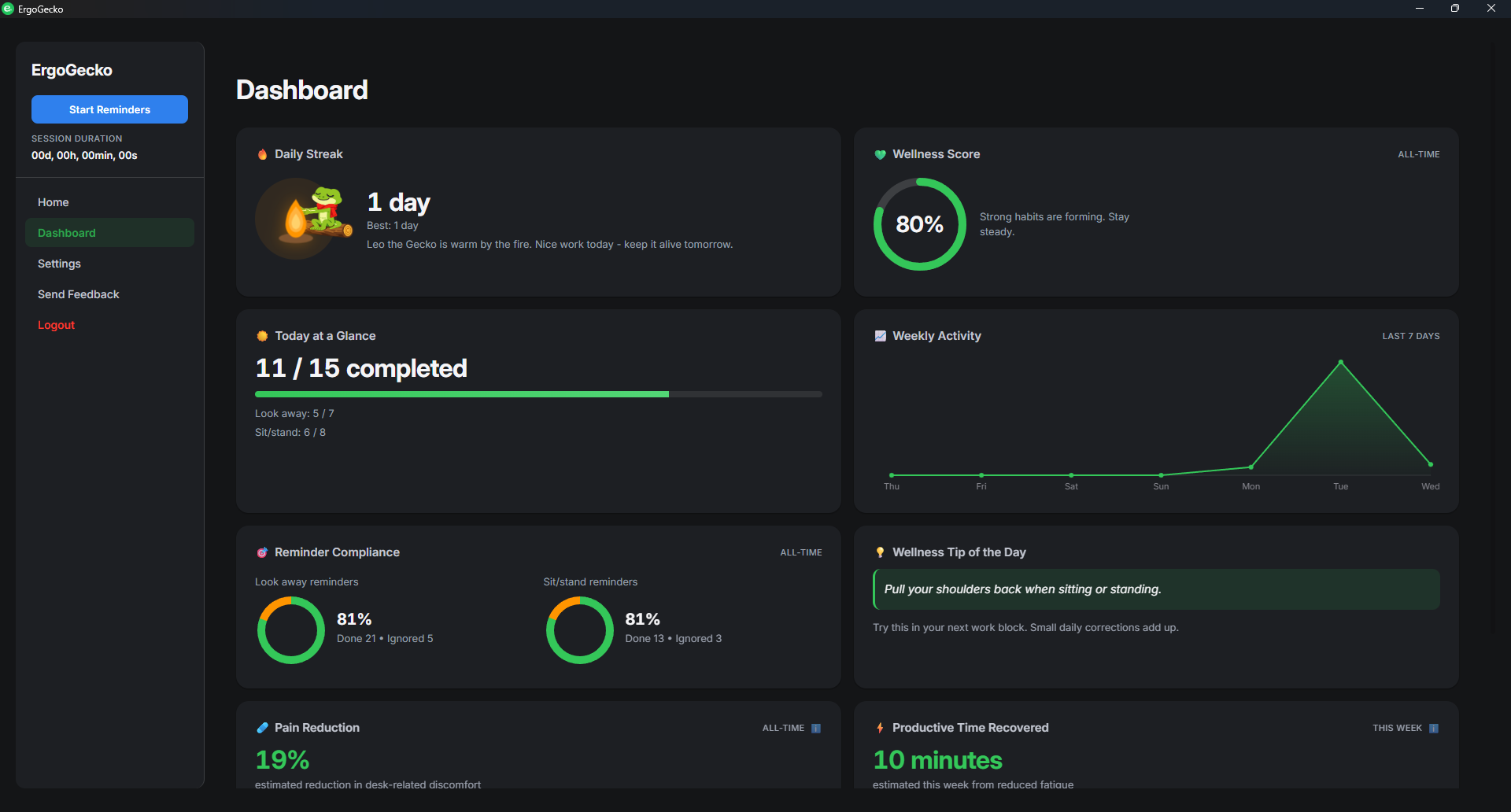 ErgoGecko dashboard in dark mode