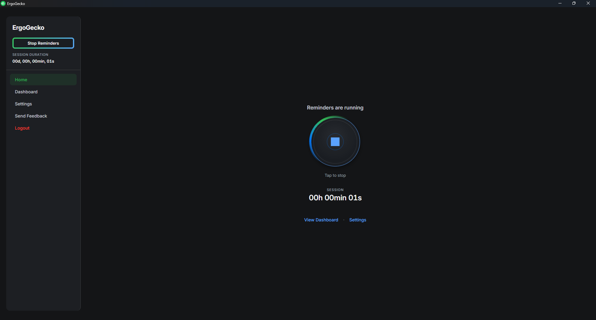ErgoGecko home in dark mode