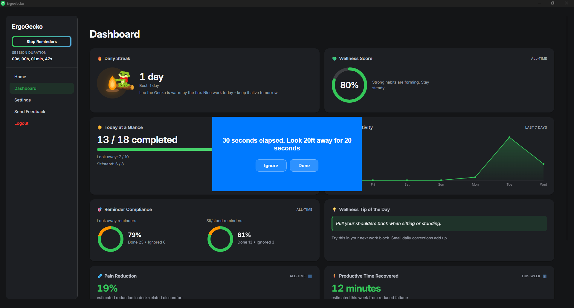 ErgoGecko reminder in dark mode